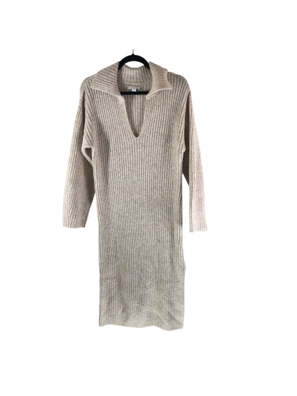 Topshop Sweater Dress Ribbed Knit Long Sleeve V Neck Beige S 4-6